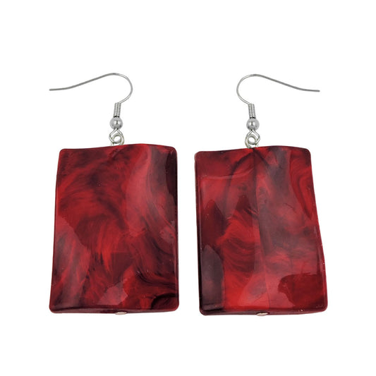 Ear hook earrings earrings 56x25mm square wavy red-black-marbled