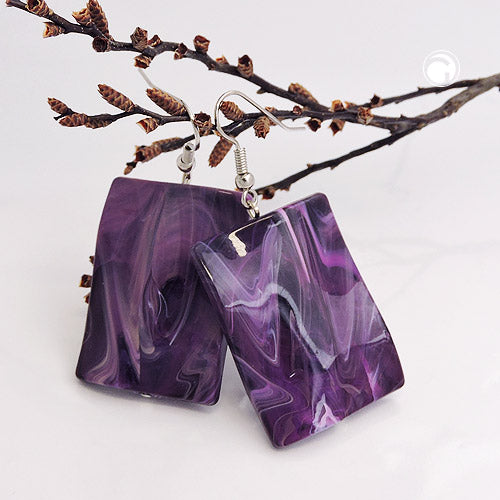 Ear hooks earrings 56x25mm square plastic wavy purple-white-marbled