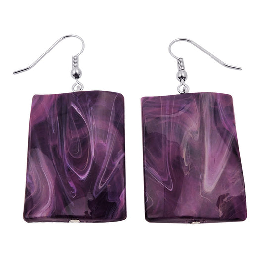 Ear hooks earrings 56x25mm square plastic wavy purple-white-marbled