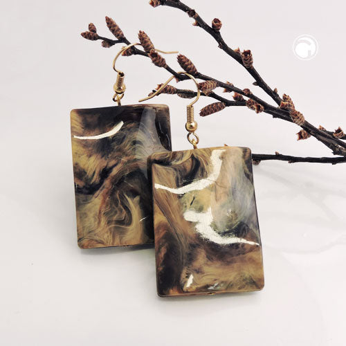Ear hooks earrings 56x25mm square plastic wavy brown-beige-black
