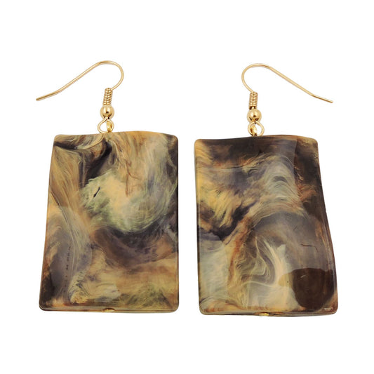 Ear hooks earrings 56x25mm square plastic wavy brown-beige-black