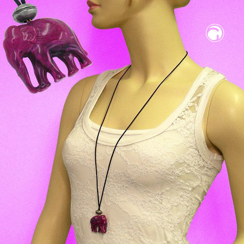 Chain 35x32x18mm elephant plastic fuchsia-white marbled cord black 100cm