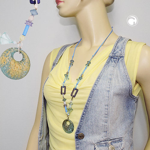 Kette 40mm Scheibe gehämmert türkis blau Kunststoff Kordel hellblau 90cm