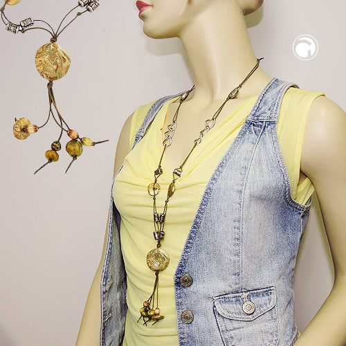 Kette Kunststoffperlen oliv-weiß altsilberfarben Kordel olivgrün 90cm