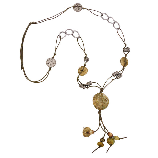 Kette Kunststoffperlen oliv-weiß altsilberfarben Kordel olivgrün 90cm