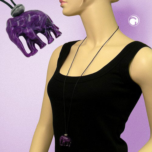 Chain 35x32x18mm elephant plastic purple-white marbled cord black 90cm