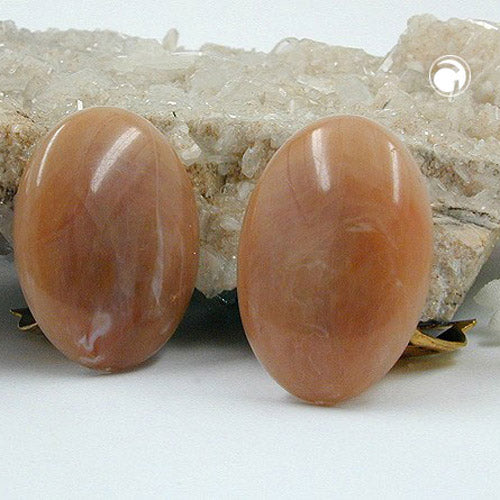 Clip earring 25x18mm oval brown-marbled shiny plastic button