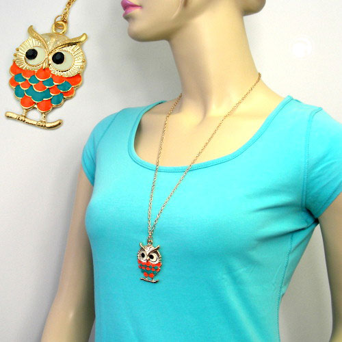 Necklace owl on branch 47x35mm orange-blue 70cm