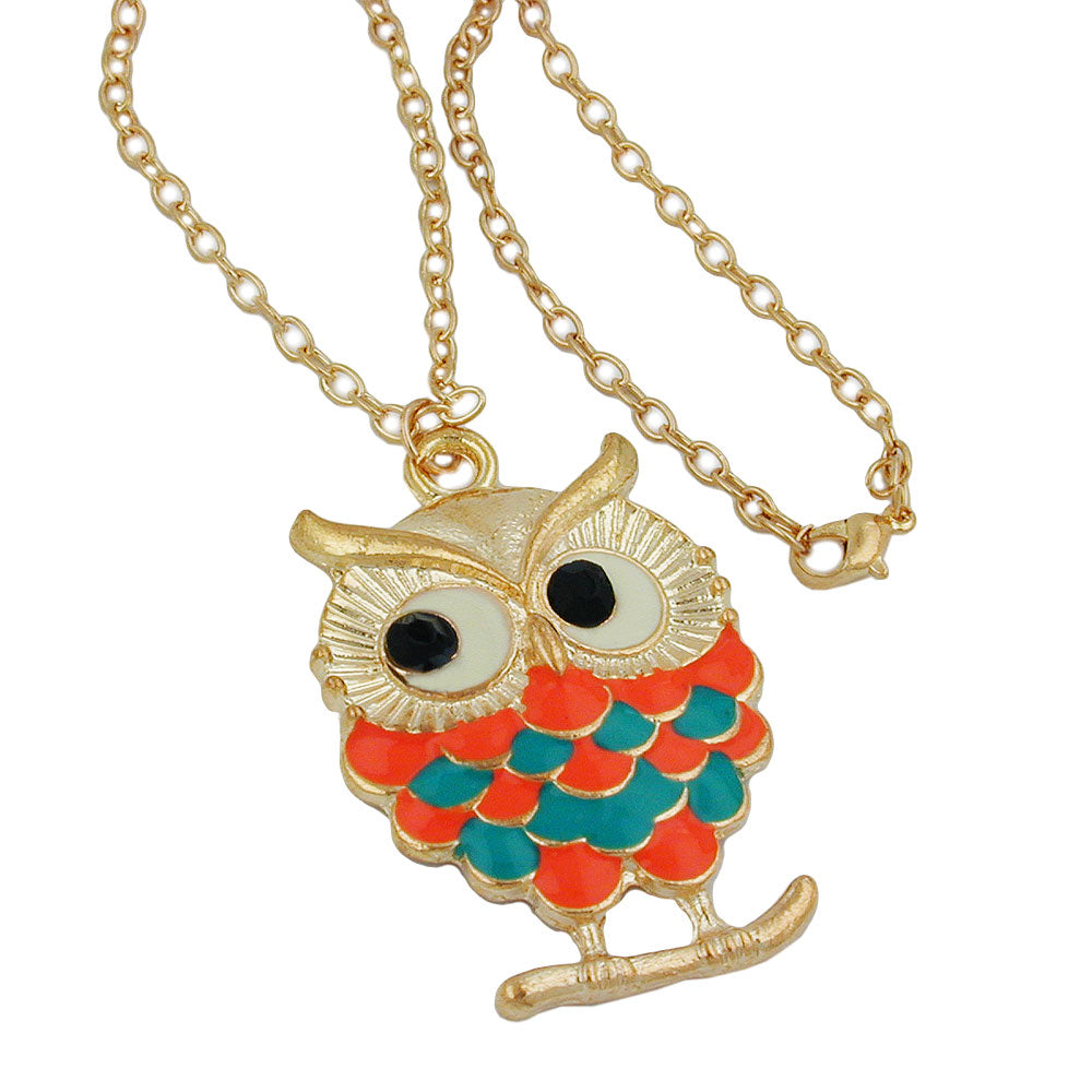 Necklace owl on branch 47x35mm orange-blue 70cm