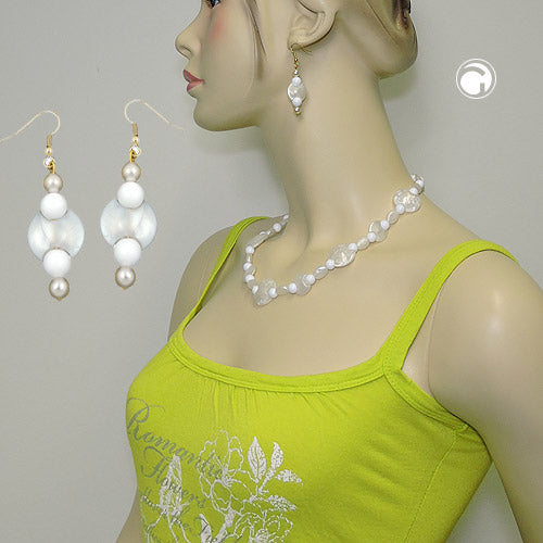 Ear hook earrings 55x17mm disc plastic mother-of-pearl white shiny