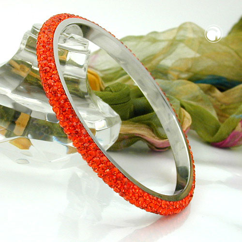 Bangle 75x6.5mm metal with 4 rows of glass stones red-orange