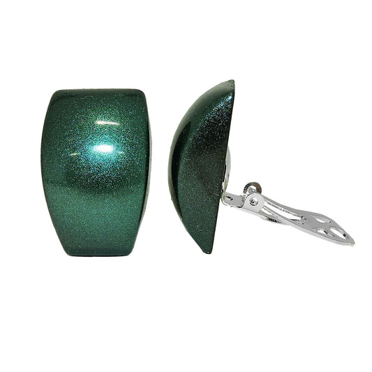 Clip earring 27x17mm trapeze green-metallic shiny plastic button