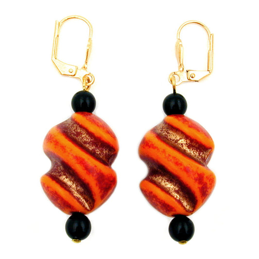 Ear leverback earrings earrings 54x19mm gold screw bead red-orange black plastic