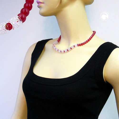 Kette 8mm Perlen Kunststoff rot-seidig und Walzenperle transparent 45cm