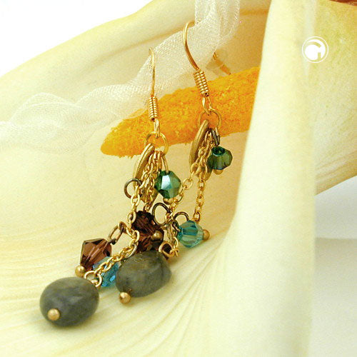Ear hook earrings 55mm with gold-colored leaf and many colorful beads