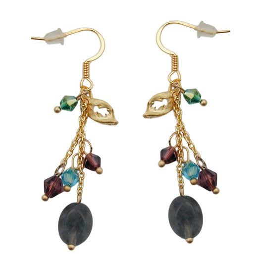 Ear hook earrings 55mm with gold-colored leaf and many colorful beads