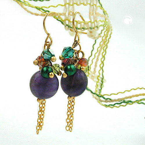 Ear hook earrings 43x10mm chain with pearls brown turquoise green and amethyst
