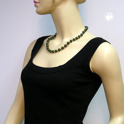Kette 10mm Perle Kunststoff olivgrün-matt mit 4mm Perlen silberfarben 50cm