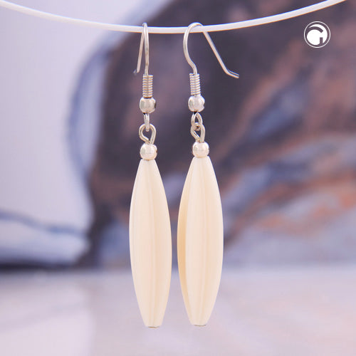 Ear hook earrings 30x9mm grooved olive plastic beige