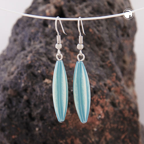 Ear hooks earrings 30x9mm grooved olive plastic light blue antique