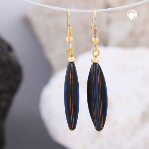 Ear hooks earrings earrings 30x9mm grooved olive plastic dark blue