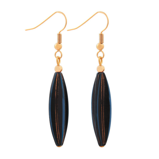 Ear hooks earrings earrings 30x9mm grooved olive plastic dark blue