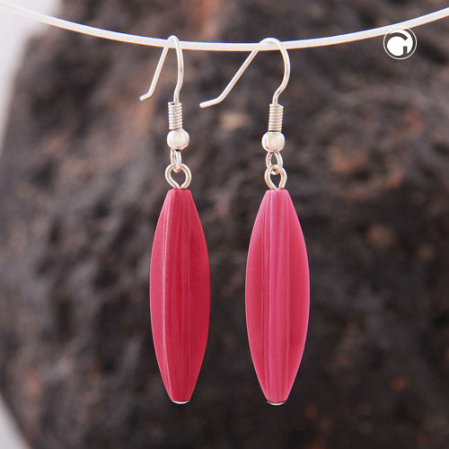 Ear hook earrings 30x9mm grooved olive plastic pink