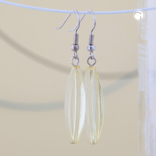 Ear hook earrings 30x9mm grooved olive plastic light yellow transparent