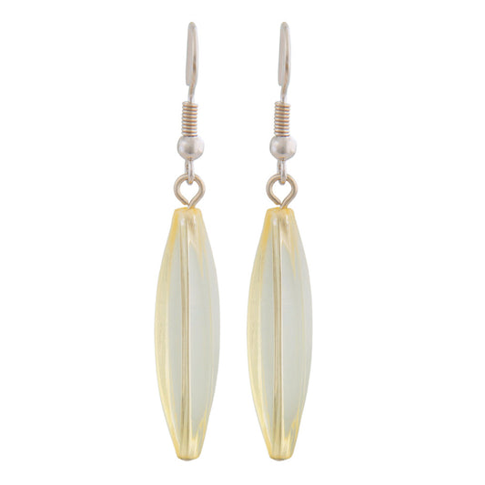 Ear hook earrings 30x9mm grooved olive plastic light yellow transparent