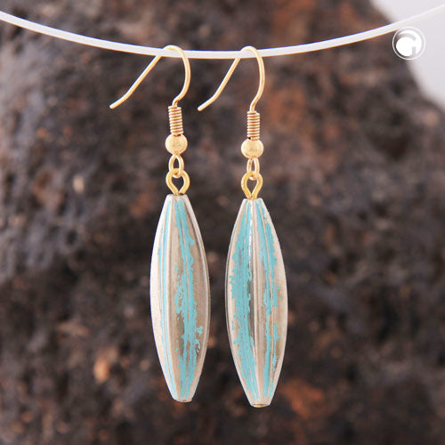 Ear hooks earrings earrings 30x9mm grooved olive plastic green-gold-colored patina