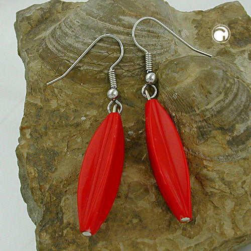 Ear hooks earrings 30x9mm grooved olive red-shiny