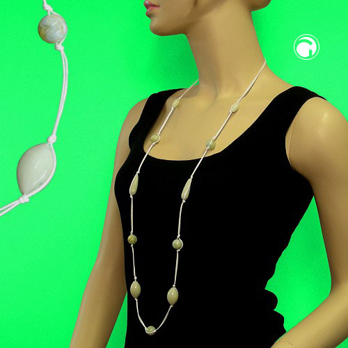 Kette Kunststoffperlen mint-grün-marmoriert Kordel weiß 110cm