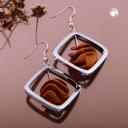 Earring hooks earrings 58x39mm square frame silver-colored with spiral bead copper-brown plastic