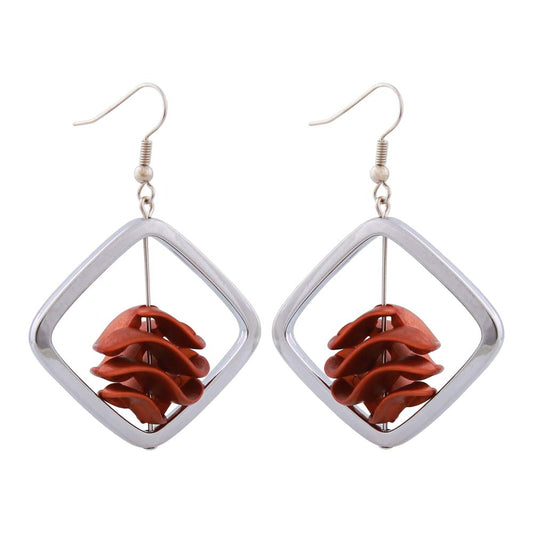 Earring hooks earrings 58x39mm square frame silver-colored with spiral bead copper-brown plastic