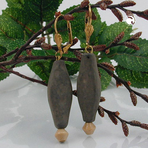 Ear clip earrings 55mm gold-colored plastic pearl gray-black wooden pearl light-natural