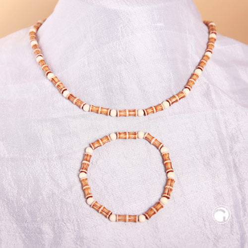 Set Kette Armband 14x5mm Perlen hellbraun-beige Kunststoff 42cm