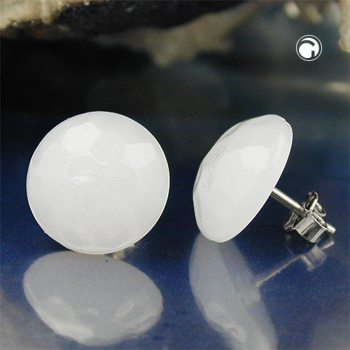 Stud earring 14mm cream-white-glossy plastic flat domed hammered