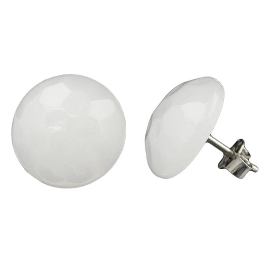 Stud earring 14mm cream-white-glossy plastic flat domed hammered