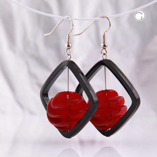 Ear hook earrings 58x39mm square frame black with spiral bead dark red-transparent plastic