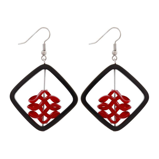 Ear hook earrings 58x39mm square frame black with spiral bead dark red-transparent plastic