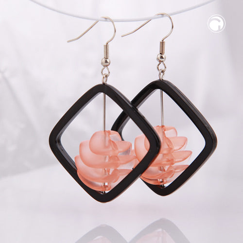 Earring hooks earrings 58x39mm square frame black with spiral bead apricot-transparent plastic