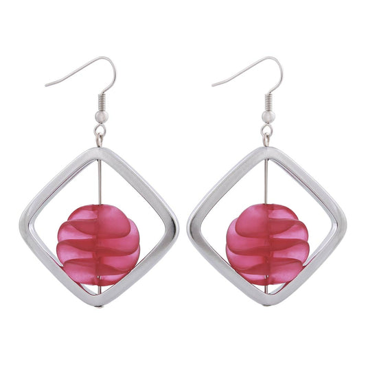 Earring hooks earrings 58x39mm square frame silver-colored with spiral bead purple plastic