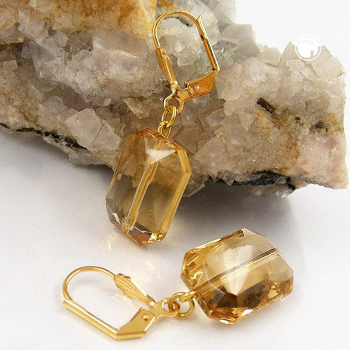 Ear clip earrings 40x13mm gold-colored square faceted topaz-colored plastic bead