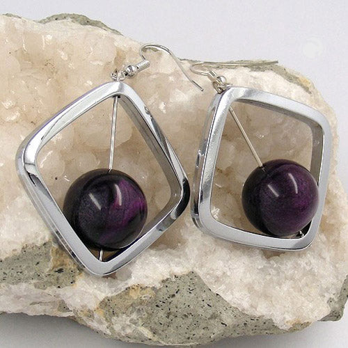 Earring hooks earrings 58x39mm square frame silver-shiny with pearl silver-purple plastic