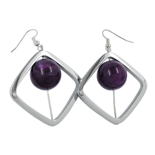 Earring hooks earrings 58x39mm square frame silver-shiny with pearl silver-purple plastic