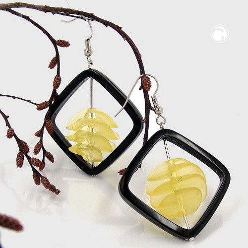 Ear hook earrings 58x39mm square frame black with spiral bead yellow-transparent plastic