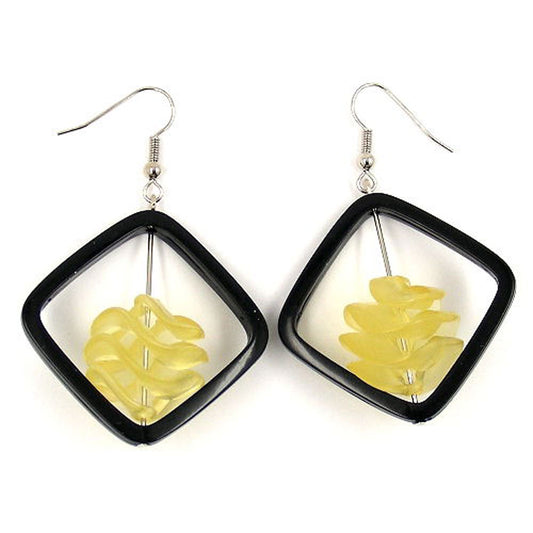 Ear hook earrings 58x39mm square frame black with spiral bead yellow-transparent plastic