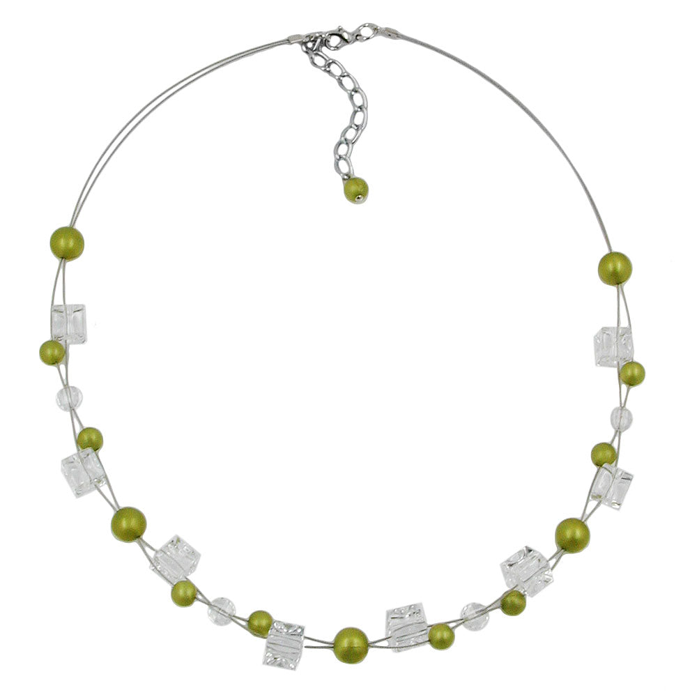Kette Drahtkette Würfel oliv-seidig und transparente Kunststoffperlen 42cm