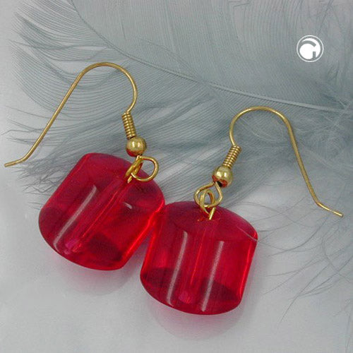Ear hooks earrings earrings 37x15mm slanted bead plastic red-transparent-shiny