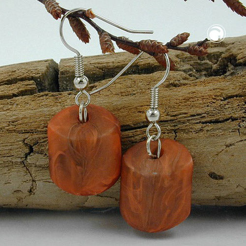 Ear hook earrings earrings 37x15mm slanted bead plastic rust brown marbled matt